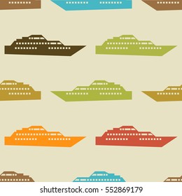 Ship seamless pattern. Vector illustration for nautical design. Bright yacht, ship, sailboat transport pattern. Marine sea boat wallpaper background. Cartoon silhouette shape wrapping pattern