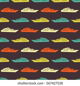 Ship seamless pattern. Vector illustration for nautical design. Bright yacht, ship, sailboat transport pattern. Marine sea boat wallpaper background. Cartoon silhouette shape wrapping pattern
