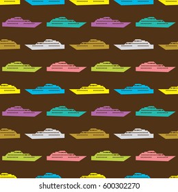 Ship seamless pattern. Vector illustration for nautical design. Bright yacht, ship, sailboat transport pattern. Marine sea boat wallpaper background. Cartoon silhouette shape wrapping pattern
