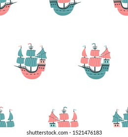 Ship seamless vector pattern. Childish illustration in cartoon scandinavian style. Ideal for textiles, packaging, wallpaper, etc.