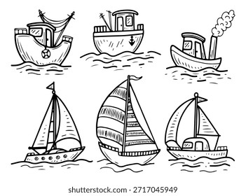 Conjunto de barcos. Vector de boceto dibujado a mano. Transporte acuático. Barco, yate, velero, barco de pesca. Transporte marítimo. Viaje por mar. Viajes fluviales. Ilustración de arte de línea. Colección de elementos.