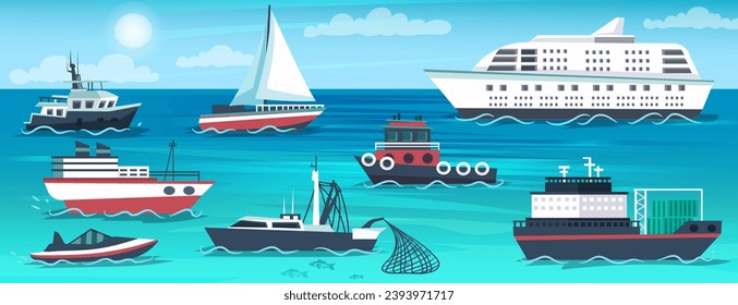 Ship set, marine transport. Collection of sailboat, cargo, yacht, fishing boat, cruise liner, speedboat. Shipping vessel, nautical voyage and resort. Vector illustration