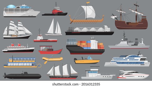 Ship set, sea ocean transport vector illustration. Cartoon ship collection with vessel boat, sailboat yacht, cruise liner, marine cargo freight delivery with containers isolated on grey background