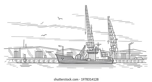 Ship in shipyard linear illustration. Industrial port sketch. Vector. 