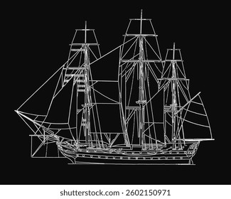 A ship is shown in black and white. The ship is a large sailboat with a tall mast. The sails are spread out, and the boat is in the middle of the image