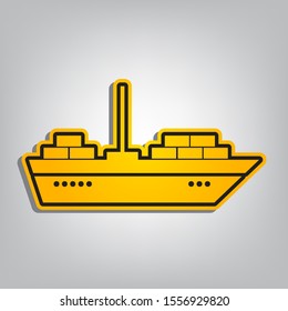 Ship sign illustration. Flat orange icon with overlapping linear black icon with gray shadow at whitish background. Illustration.