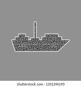Ship sign illustration. Vector. Black maze filled icon with white border at gray background.