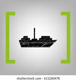 Ship sign illustration. Vector. Black scribble icon in citron brackets on grayish background.