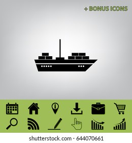 Ship sign illustration. Vector. Black icon at gray background with bonus icons at celery ones