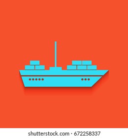 Ship sign illustration. Vector. Blue icon with soft shadow putted down on flamingo background.