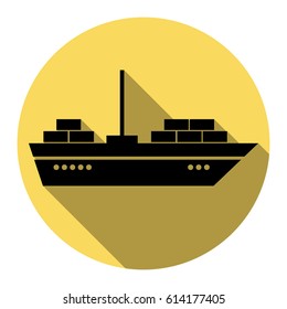Ship sign illustration. Vector. Flat black icon with flat shadow on royal yellow circle with white background. Isolated.