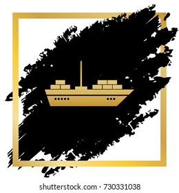 Ship sign illustration. Vector. Golden icon at black spot inside golden frame on white background.