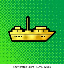 Ship sign illustration. Vector. Pop art orange to yellow dots-gradient icon with black contour at greenish background.