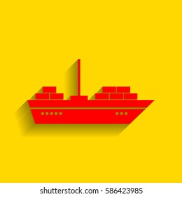 Ship sign illustration. Vector. Red icon with soft shadow on golden background.