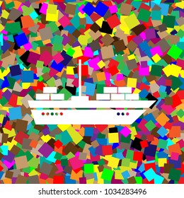 Ship sign illustration. Vector. White icon on colorful background with seamless pattern from squares.