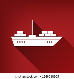 Ship sign illustration. Vector. White icon with limitless shadow at ruby red background.