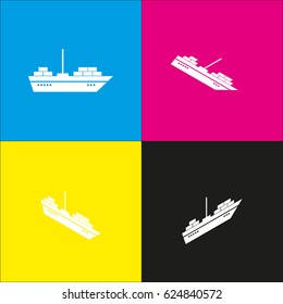 Ship sign illustration. Vector. White icon with isometric projections on cyan, magenta, yellow and black backgrounds.