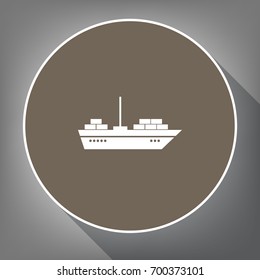 Ship sign illustration. Vector. White icon on brown circle with white contour and long shadow at gray background. Like top view on postament.