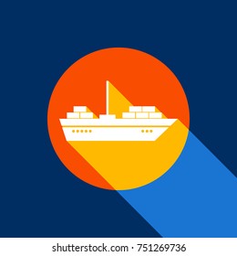 Ship sign illustration. Vector. White icon on tangelo circle with infinite shadow of light at cool black background. Selective yellow and bright navy blue are produced.