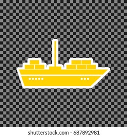 Ship sign illustration. Vector. Yellow icon with white contour on dark transparent background.