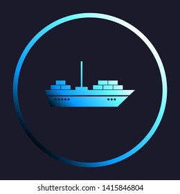 Ship sign illustration. White, cyan and blue gradient icon as round button in white shell at dark blue background. Illustration.