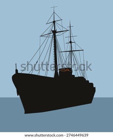 A ship silhouette on a blue background. Vector illustration in flat style depicting a small vessel with prominent masts, suitable for designs themed around shipping, fishing, and work at sea.