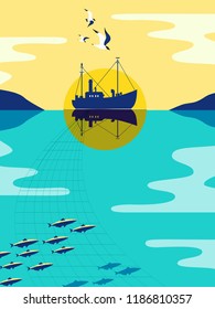 Silhouette de barco en aguas tranquilas del océano. Barco de pescadores, embarcación industrial de arenque. Las gaviotas vuelan al cielo. Estilo pop artístico. Diseño sencillo y sencillo. Afiche cosmético. Ilustración del vector