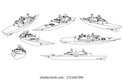 Ship silhouettes detailed vector illustration. Ship stencils isolated on white background