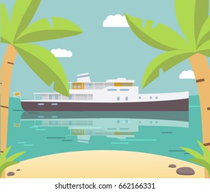 ship silhouettes of palm trees in flat style a vector.Walking magnificent retro yacht.
Element of design of websites of travel companies.Summer tropical island palm tree.Motor boat.