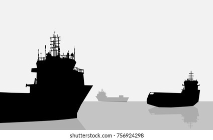 Ship Silhouettes is a vector illustration. Ship silhouettes and shadow on sea is the main subject of this illustration.    