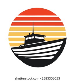 Ship sillhouette on retro striped vintage background vector art illustration