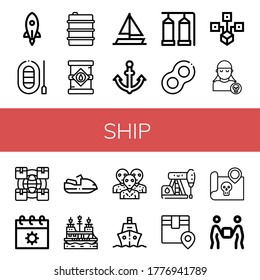 ship simple icons set. Contains such icons as Rocket, Boat, Oil, Oil tank, Sailing boat, Anchor, Storage tank, Floats, Distributed, Pirate, can be used for web, mobile and logo
