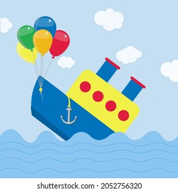 Ship sinking and a bunch of balloons saving it. Conceptual. Colorful balloons pulling a ship out of the sea.