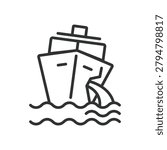 Ship sinking, icon in line design. ship, sinking, boat, sea, accident, disaster, water on white background vector. Ship sinking editable stroke icon