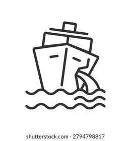 Ship sinking, icon in line design. ship, sinking, boat, sea, accident, disaster, water on white background vector. Ship sinking editable stroke icon