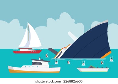 Ship is sinking and people in the water 2d vector illustration concept for banner, website, illustration, landing page, flyer, etc.