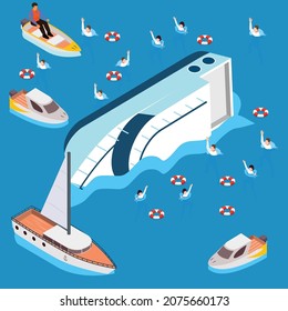 Ship is sinking and people in the water isometric 3d vector concept for banner, website, illustration, landing page, flyer, etc.