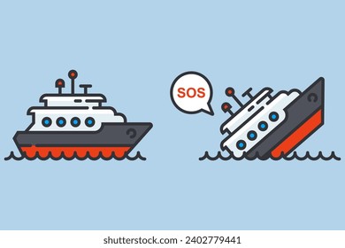 the ship is sinking in the sea. flat vector illustration