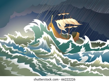 Ship sinking in the storm, vector illustration