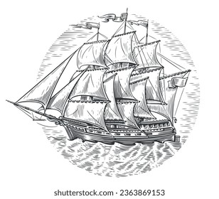 Ship sketch hand drawn vector illustration. Old frigate sailboat vintage engraving style