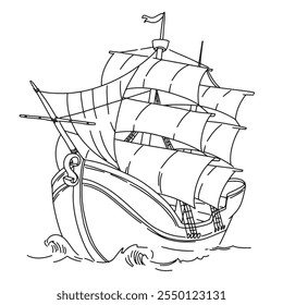 Esboço do navio. Veleiro com velas elevadas navegando nas ondas. Ilustração com tinta vetorial isolada no fundo branco. Embarcação marítima para design de estilo retro.