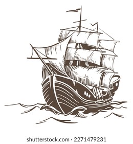 Ship sketch. A sailboat sails on the waves with raised sails. Vector illustration in engraving style isolated on white background. Nautical vessel for design in retro style.