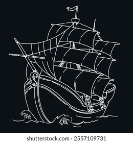 Ship sketch. White linear drawing on black background. Sailboat with raised sails sailing on waves. Vector illustration. Sea vessel for retro design.