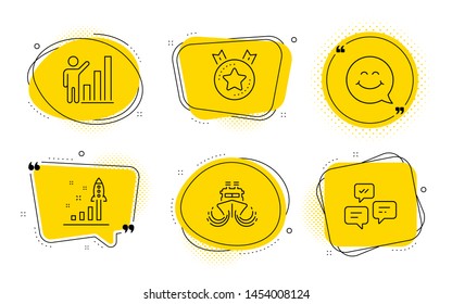 Ship, Smile face and Chat messages signs. Chat bubbles. Graph chart, Development plan and Ranking star line icons set. Growth report, Strategy, Winner medal. Shipping watercraft. Vector