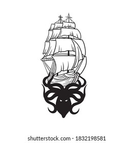El barco y el calamar. Se puede usar como dibujo de un tatuaje.