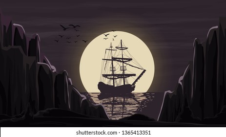 The ship stands in the port against the moon going beyond the horizon.