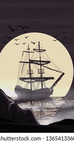 The ship stands in the port against the moon going beyond the horizon.