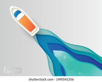 Ship for startup media. Paper cut art style, Computer icon for business poster, flyer or advertisement