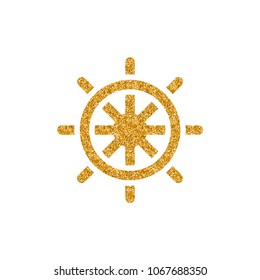Ship steer wheel icon in gold glitter texture. Sparkle luxury style vector illustration.