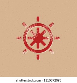 Ship steer wheel icon in halftone style. Grunge background vector illustration.